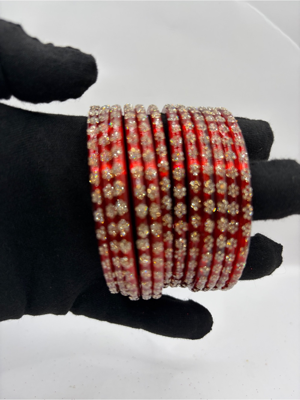 Y2K Desi Premium Kashmiri Glass Red Crystal Floral Bangle Set - Women Jewelry